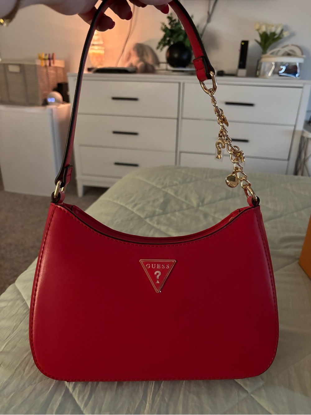 GUESS red leather purse with gold charm chain